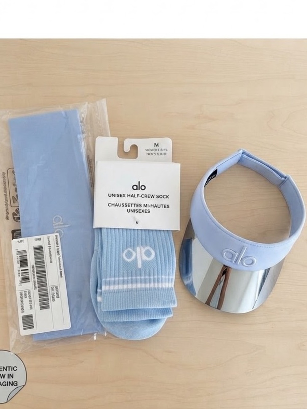Alo Provence Blue Accessory Bundle 3pc Headband Unisex Half-Crew Socks (M) visor